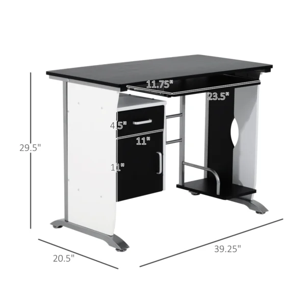 HOMCOM Computer Desk Table Home Office Furniture with Keyboard Tray and CPU Stand, Black and White - Image 4