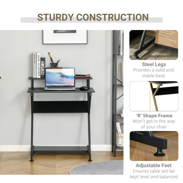 HOMCOM 28" Compact Computer Desk, Industrial Z-Shaped Writing Desk with Monitor Shelf and Storage, Workstation for Home Office, Black - Image 7