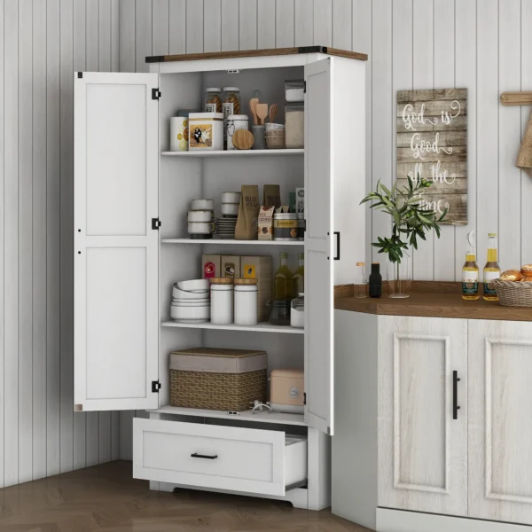 HOMCOM 69" Tall Farmhouse Kitchen Pantry Cabinet with 2 Doors, Drawer and Adjustable Shelves, White