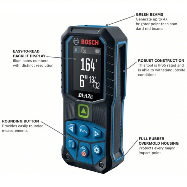 BOSCH Laser Distance Meter: Inch, 6 in – 165 ft, ± 0.0625 in, AA, Rubber, Digital, Green, SAE - Image 2