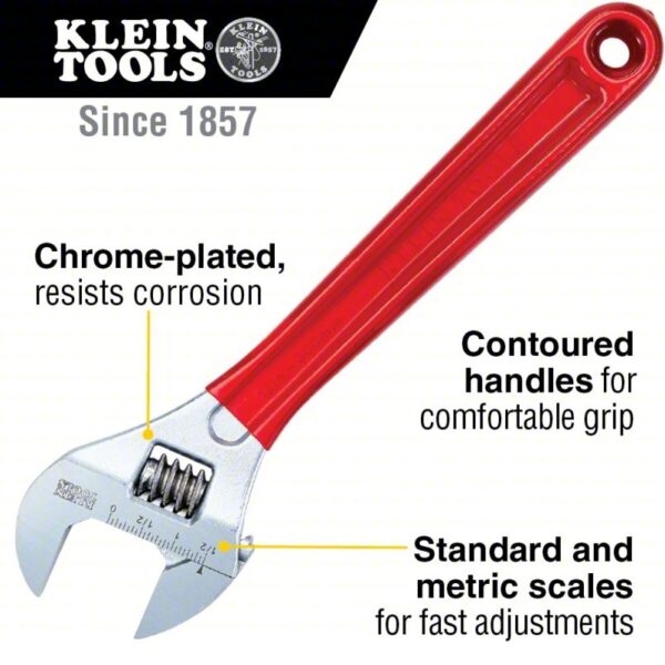 KLEIN TOOLS Adjustable Wrench: Plastic, Chrome, 12 in Overall Lg, 1 1/2 in Jaw Capacity - Image 2