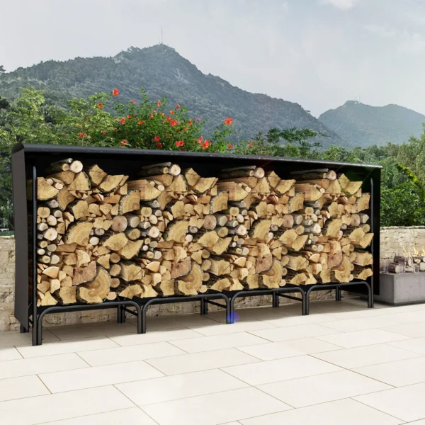 Outsunny 8ft Outdoor Firewood Rack with Cover and Carrier, Adjustable Wood Storage Holder, Indoor Outdoor Log Rack, Black - Image 10