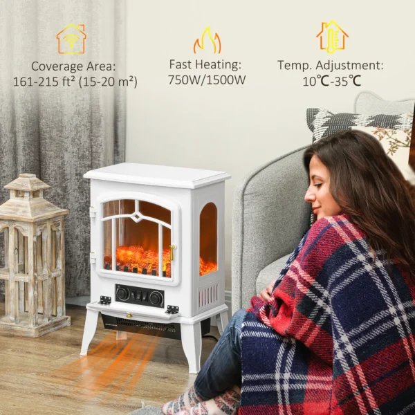 HOMCOM 22" Electric Fireplace Stove, 1500W Freestanding Fireplace Heater with Adjustable Temperature, White - Image 6