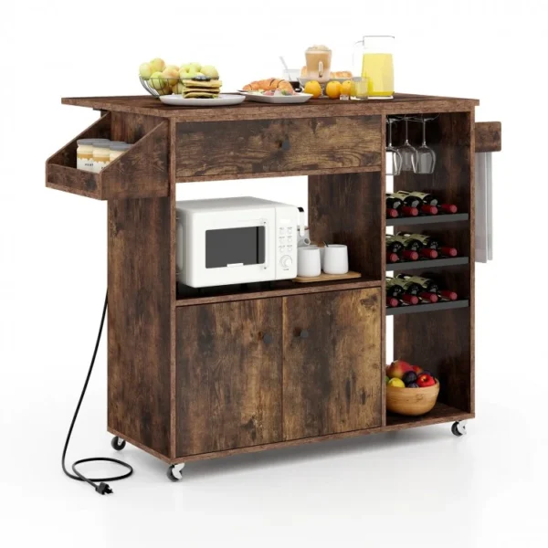 Drop Leaf Mobile Kitchen Island Cart with Power Outlet and Adjustable Shelf - Image 2