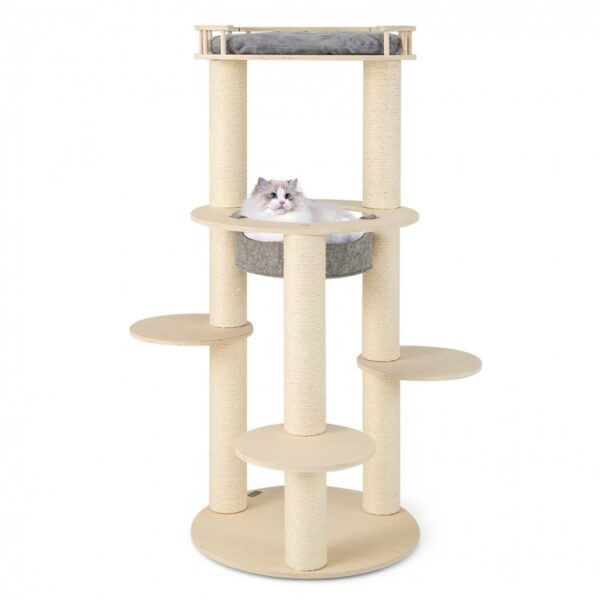 5-level Wooden Cat Tree with Padded Perch Non-woven Hammock