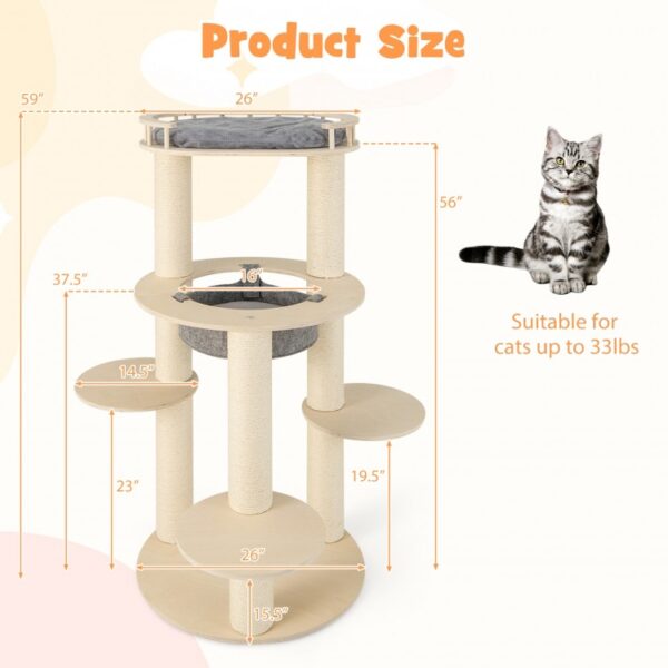 5-level Wooden Cat Tree with Padded Perch Non-woven Hammock - Image 4