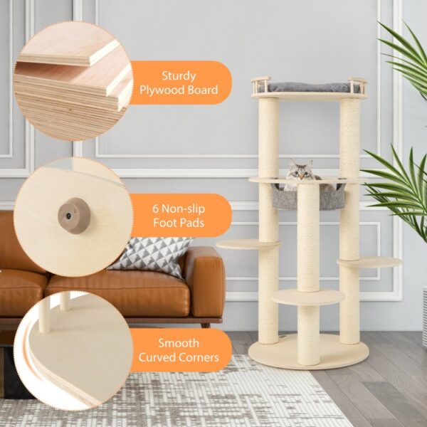 5-level Wooden Cat Tree with Padded Perch Non-woven Hammock - Image 3