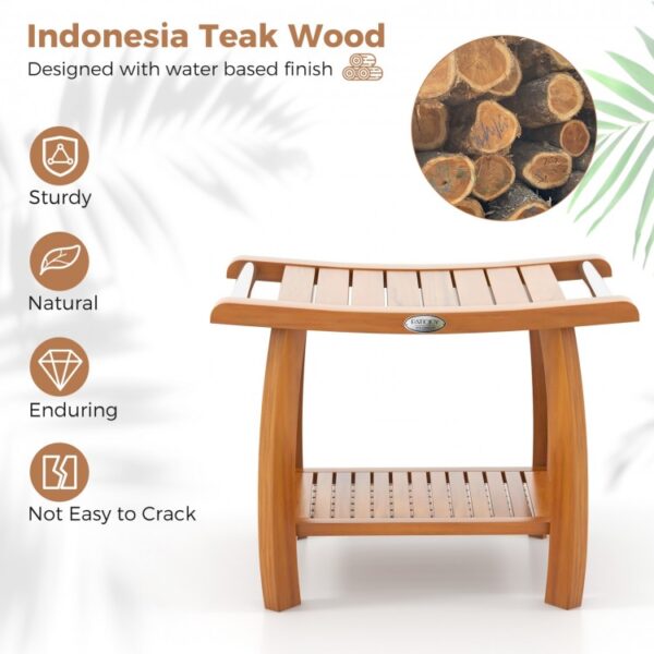 2-Tier Teak Wood Shower Bench Shower Stool with Curved Seat and Handles - Image 4