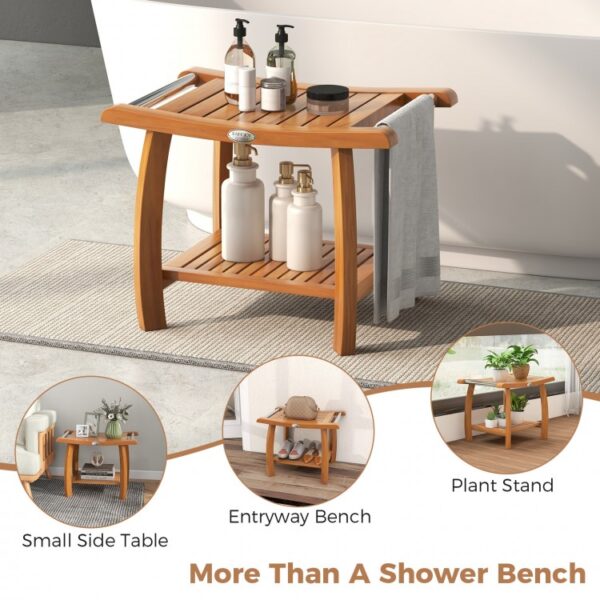 2-Tier Teak Wood Shower Bench Shower Stool with Curved Seat and Handles - Image 6