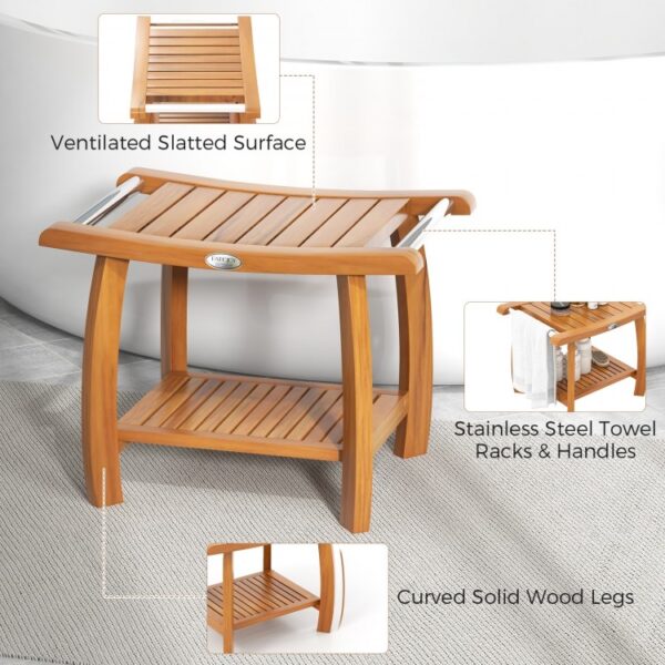 2-Tier Teak Wood Shower Bench Shower Stool with Curved Seat and Handles - Image 2