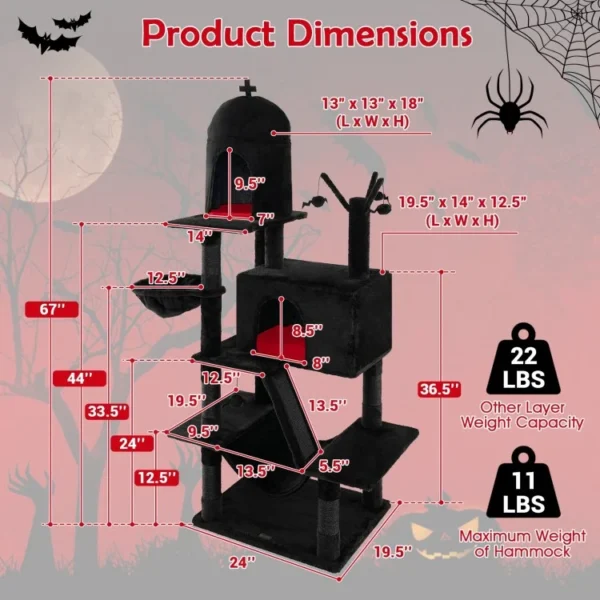 Gothic Cat Tree with 2 Cat Condos and Spooky Dangling Ball for Indoor Cats - Image 4