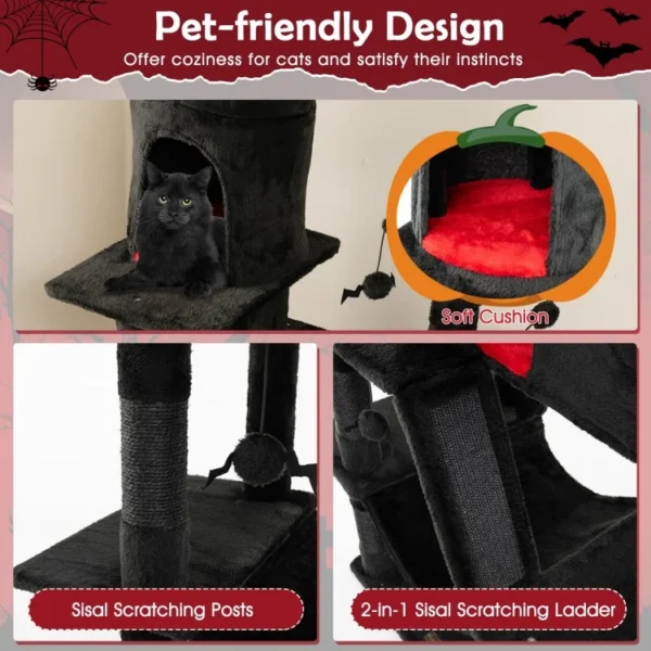 Gothic Cat Tree with 2 Cat Condos and Spooky Dangling Ball for Indoor Cats - Image 2