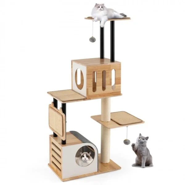 Modern Tall Cat Tower with Double Condos with Dangling Balls and Sisal Carpets