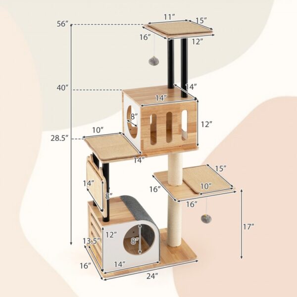 Modern Tall Cat Tower with Double Condos with Dangling Balls and Sisal Carpets - Image 2