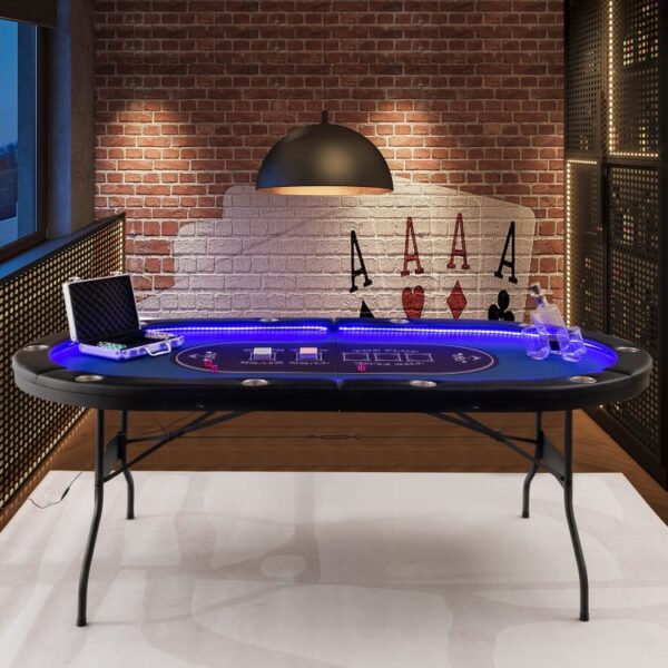 Foldable 10-Player Poker Table with LED Lights and USB Ports Ideal for Texas Casino - Image 3