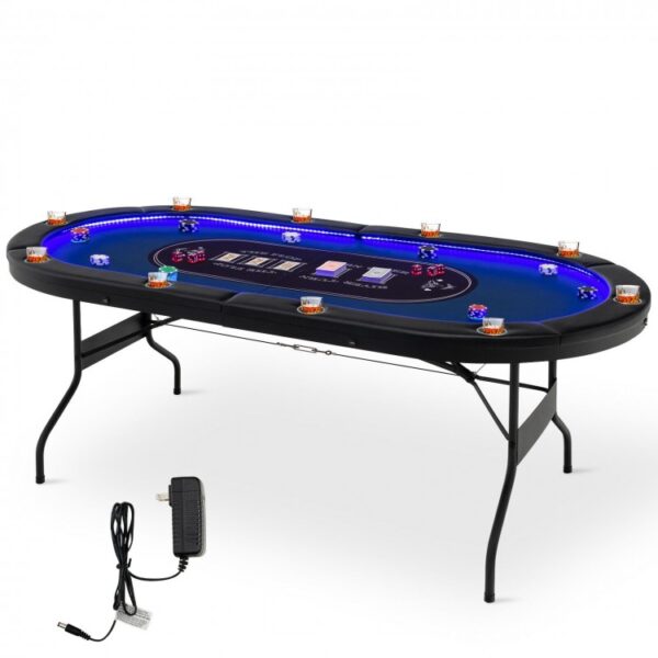 Foldable 10-Player Poker Table with LED Lights and USB Ports Ideal for Texas Casino - Image 2