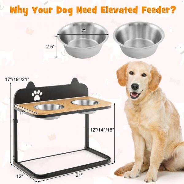 Dog Bowl Stand with 2 Stainless Steel Food Water Bowls - Image 3