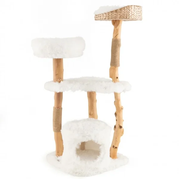 Solid Wood Cat Tower with Top Cattail Basket and Cat Bed for Indoor Cats