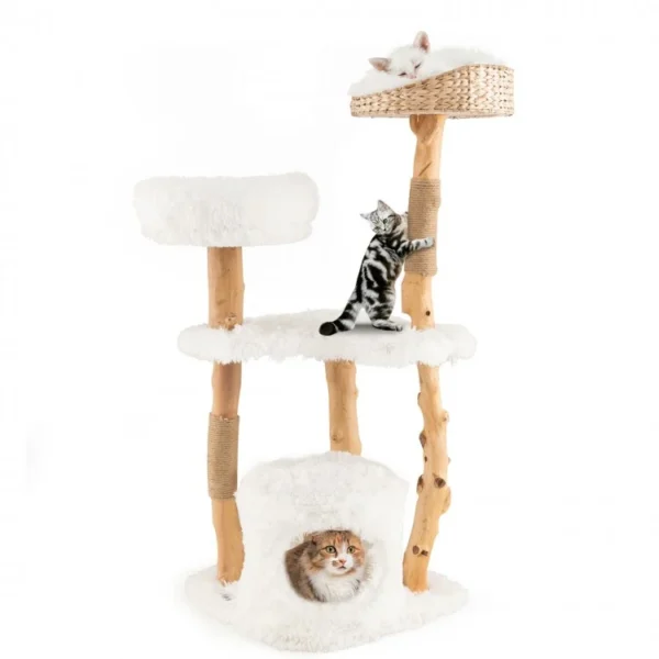 Solid Wood Cat Tower with Top Cattail Basket and Cat Bed for Indoor Cats - Image 4