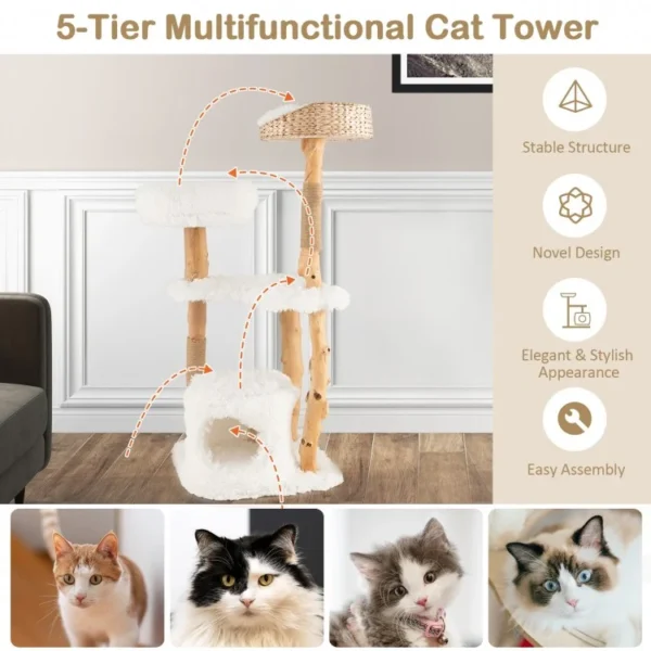 Solid Wood Cat Tower with Top Cattail Basket and Cat Bed for Indoor Cats - Image 2