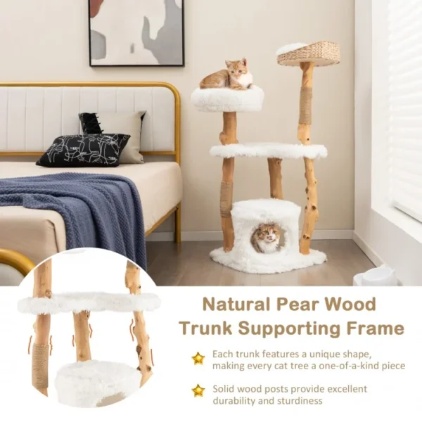 Solid Wood Cat Tower with Top Cattail Basket and Cat Bed for Indoor Cats - Image 3