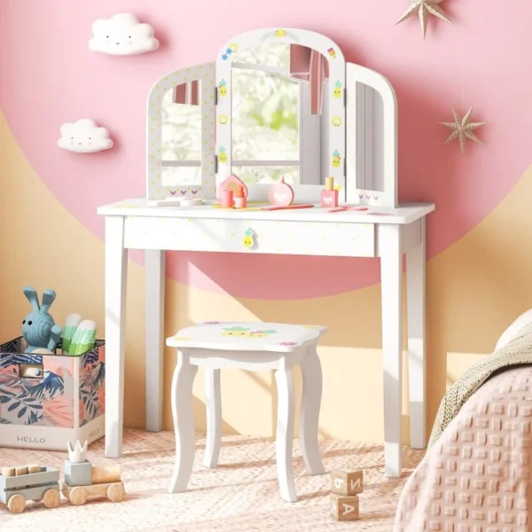 Kids Vanity Table Set with Tri-Folding Mirror and Large Drawer - Image 2