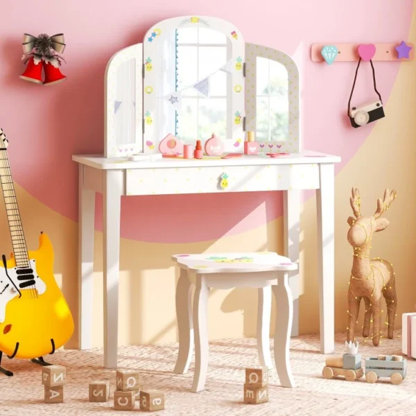 Kids Vanity Table Set with Tri-Folding Mirror and Large Drawer - Image 8