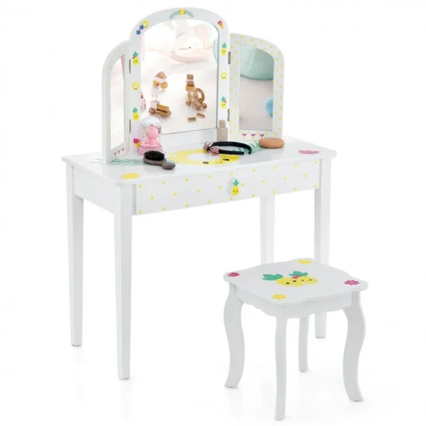 Kids Vanity Table Set with Tri-Folding Mirror and Large Drawer