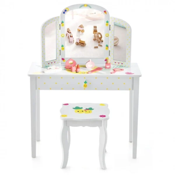 Kids Vanity Table Set with Tri-Folding Mirror and Large Drawer - Image 7