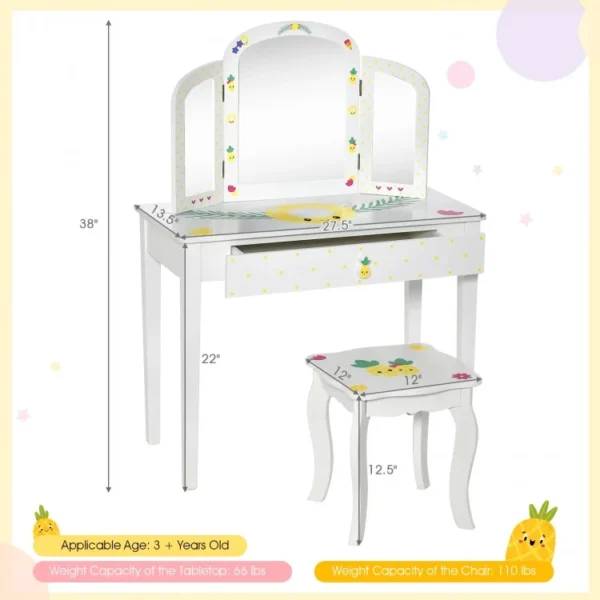 Kids Vanity Table Set with Tri-Folding Mirror and Large Drawer - Image 6