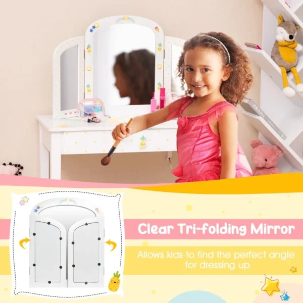 Kids Vanity Table Set with Tri-Folding Mirror and Large Drawer - Image 3