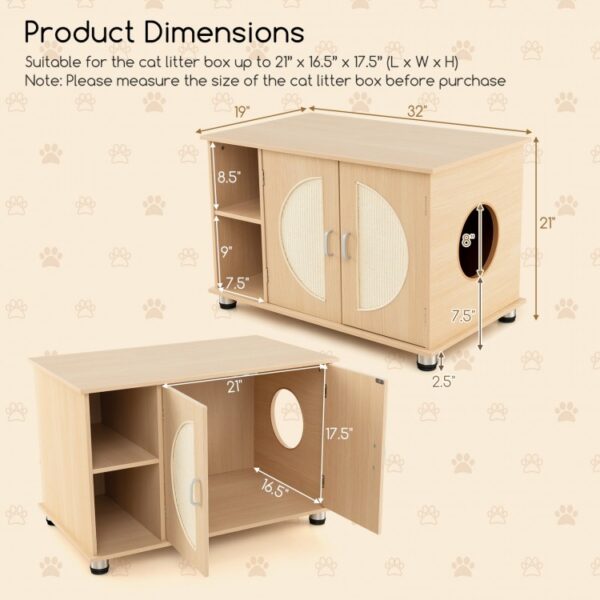 Cat Litter Box Enclosure with Sisal Scratching Doors and Adjustable Metal Feet - Image 4