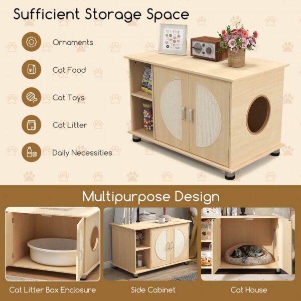 Cat Litter Box Enclosure with Sisal Scratching Doors and Adjustable Metal Feet - Image 2