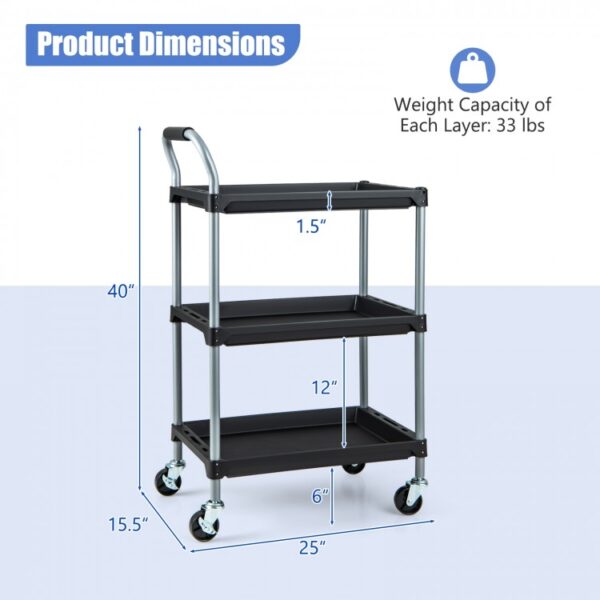 3 Layer Tool Cart with PP Shelves Sponged Handle and Swivel Wheel - Image 5