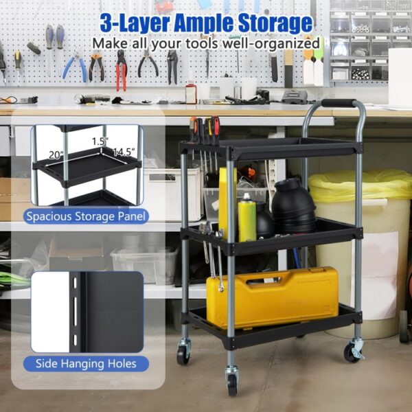 3 Layer Tool Cart with PP Shelves Sponged Handle and Swivel Wheel - Image 6