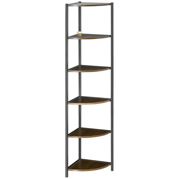 HOMCOM 6-Tier Corner Shelf, Corner Bookshelf with Metal Frame, for Living Room, Bedroom, Kitchen, Dark Brown - Image 2