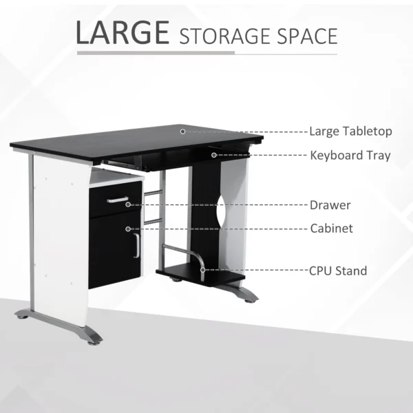 HOMCOM Computer Desk Table Home Office Furniture with Keyboard Tray and CPU Stand, Black and White - Image 5