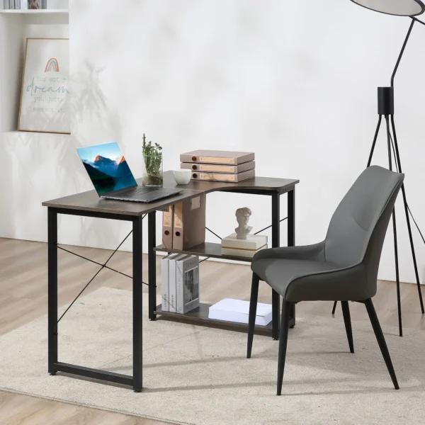 HOMCOM L-Shaped Computer Desk Home Office Corner Desk Study Workstation Table with 2 Shelves, Steel Frame, Charcoal Grey - Image 3