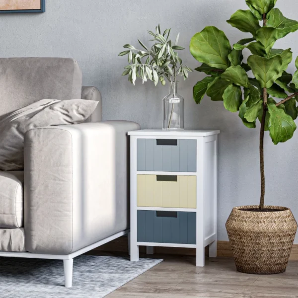 HOMCOM Bedside Table with 3 Drawers, Tall Nightstand for Bedroom, Modern Side Table with Storage, Multi-Colour