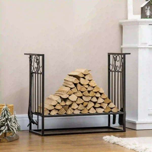 HOMCOM Heavy Duty Firewood Wood Log Rack Vintage Design Firewood Storage Shelf w/ 4 Tools, Black - Image 6