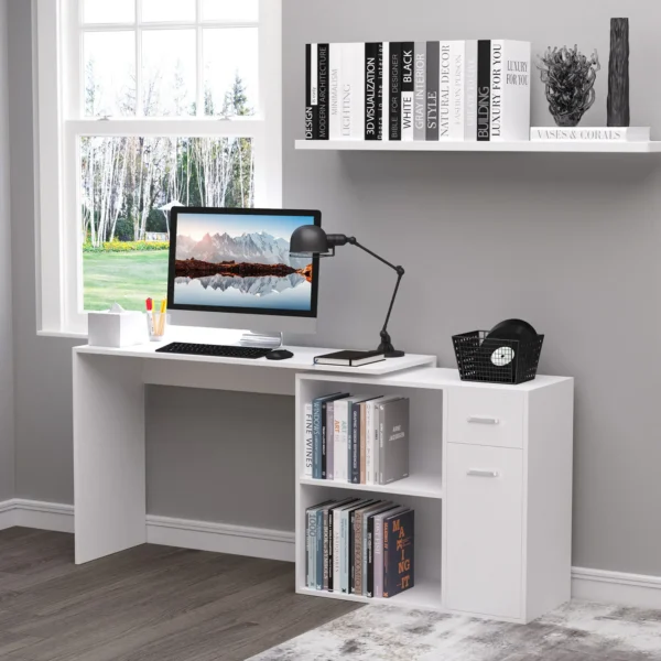 HOMCOM 180° Rotating Home Office Corner Desk Storage Shelf Cabinet White - Image 2