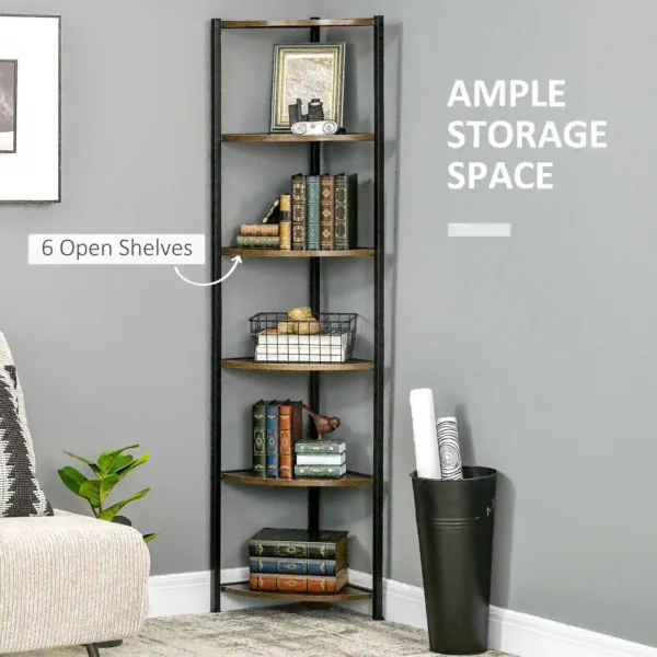 HOMCOM 6-Tier Corner Shelf, Corner Bookshelf with Metal Frame, for Living Room, Bedroom, Kitchen, Dark Brown - Image 3