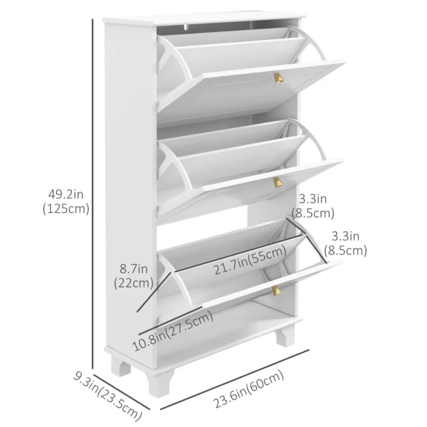 HOMCOM Narrow Shoe Storage with 3 Flip Drawers and Adjustable Shelves, Shoe Cabinet Organizer for 12 Pairs of Shoes, White - Image 3