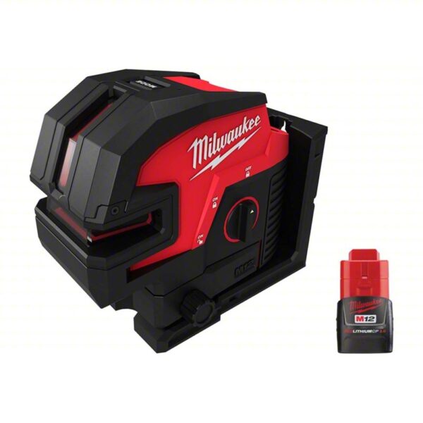 MILWAUKEE Laser with Battery: 2 Lines and 4 Dots, Green Beam, 0 Planes, +/- 1/8 in @ 33 ft Accuracy