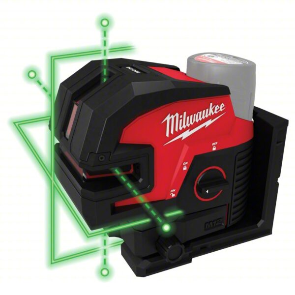 MILWAUKEE Cross Line Laser: 2 Lines and 4 Dots, Green Beam, 0 Planes, +/- 1/8 in @ 33 ft Accuracy - Image 2