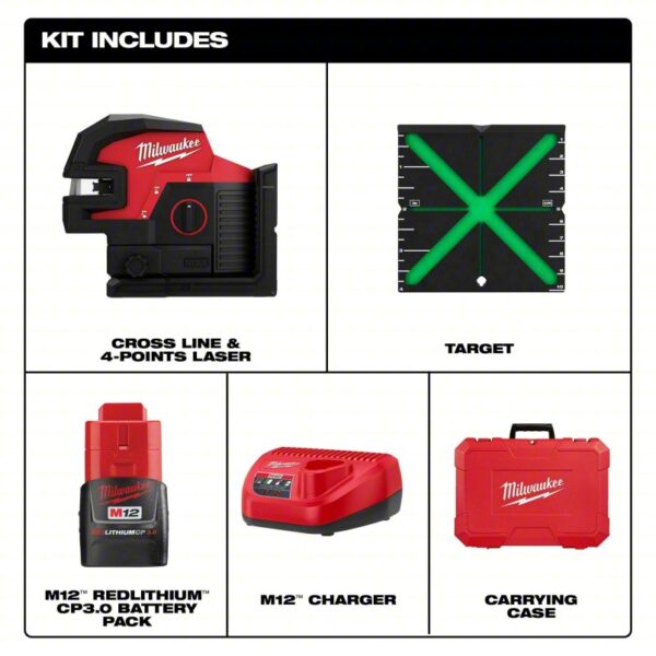 MILWAUKEE Cross Line Laser Kit: 2 Lines and 4 Dots, Green Beam, 0 Planes, Horizontal/Vertical, M12 - Image 3