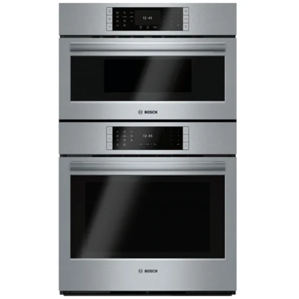 Bosch Benchmark Series HBLP752UC Microwave Wall Oven Combo, 30 inch Exterior Width, Both Ovens Convection, One Oven Self Clean, 6.2 cu. ft. Capacity, Temperature Probe, Stainless Steel colour True European Convection, Telescopic Gliding Extension Rack