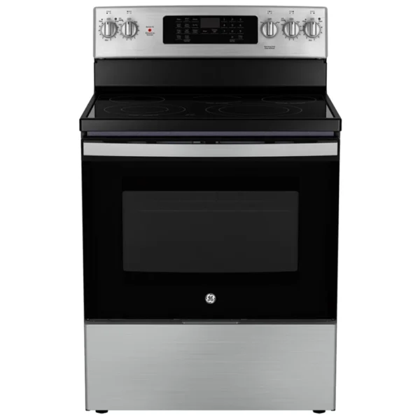 GE JCB840STSS Electric Range, 30 inch Exterior Width, Self Clean, Convection, 5 Burners, 5.0 cu ft cu. ft., Storage Drawer, Air Fry, 1 Ovens, Silver colour True European Convection