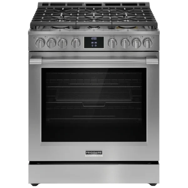 Frigidaire Professional PCFG3080AF Gas Range, 30 inch Exterior Width, Self Clean, Convection, 6 Burners, 6.0 cu. ft. Capacity, Air Fry, 1 Ovens, Stainless Steel colour Air Sous Vide, Telescopic Gliding Extension Rack, Temperature Probe, Griddle, True European Convection