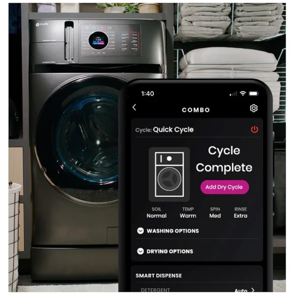 GE Profile PFQ97HSPVDS Front Load Washer, 28 inch Width, 5.5 cu. ft. Capacity, Steam Clean, 12 Wash Cycles, 5 Temperature Settings, 5 RPM Washer Spin Speed, Wifi Enabled, Carbon Graphite colour Eco Coolâ„¢ Cycle, ADA Compliant, EZ Access Lint Filter, SmartDispenseâ„¢ Technology, Dynamic Balancing Technology - Image 2